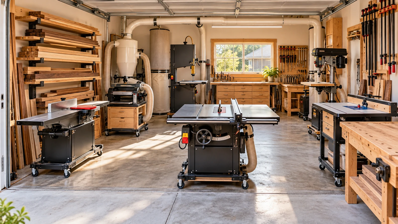 Illustrative small woodshop layout with machines and workbench
