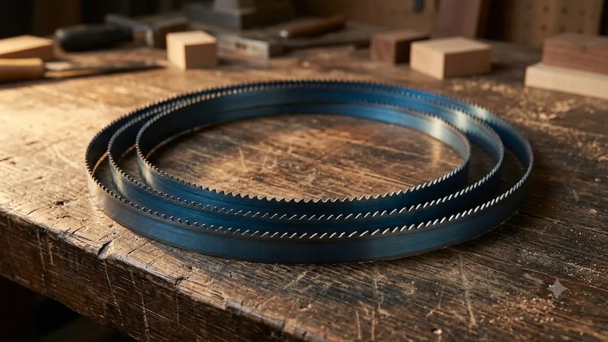 Illustrative band saw blade on a woodworking band saw